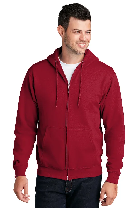 Port & Company Mens Core Pill Resistant Fleece Full Zip Hooded Sweatshirt Hoodie w/ Pockets - Red