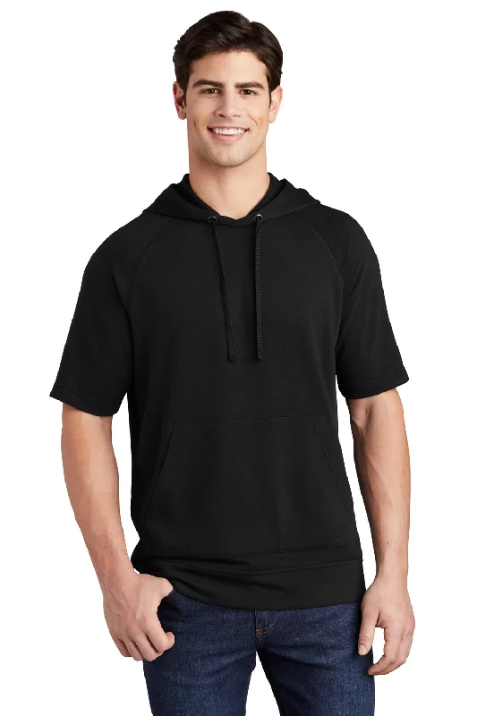 Sport-Tek Mens Moisture Wicking Fleece Short Sleeve Hooded Sweatshirt Hoodie w/ Pouch Pocket - Black - Closeout