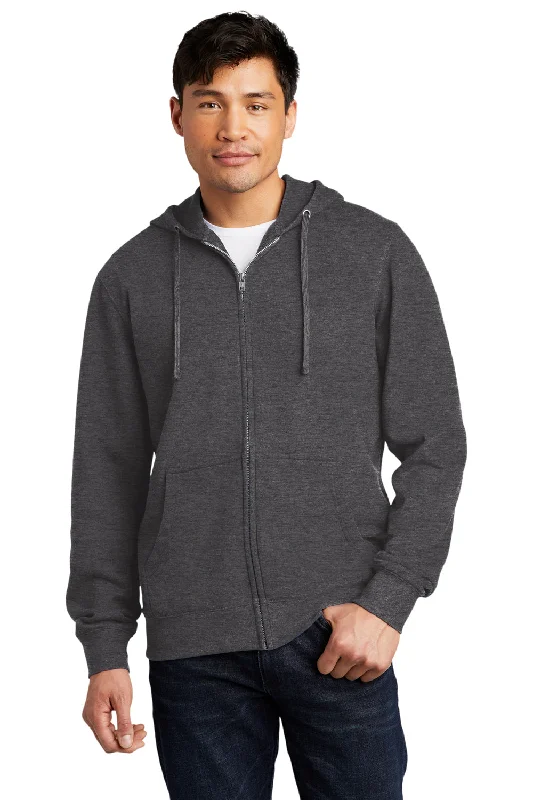 District Mens Very Important Fleece Full Zip Hooded Sweatshirt Hoodie w/ Pockets - Heather Charcoal Grey