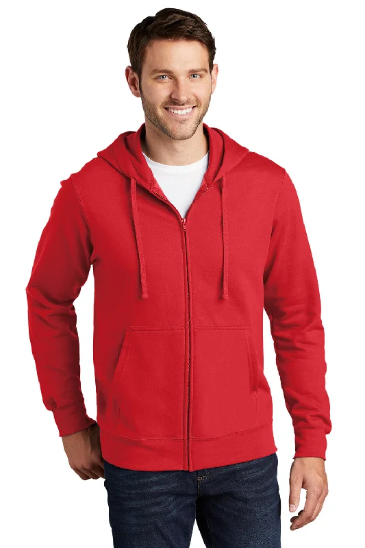 Port & Company Mens Fan Favorite Fleece Full Zip Hooded Sweatshirt Hoodie w/ Pockets - Bright Red