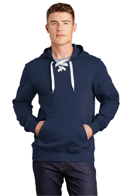 Sport-Tek Mens Lace Up Fleece Hooded Sweatshirt Hoodie w/ Pouch Pocket - True Navy Blue