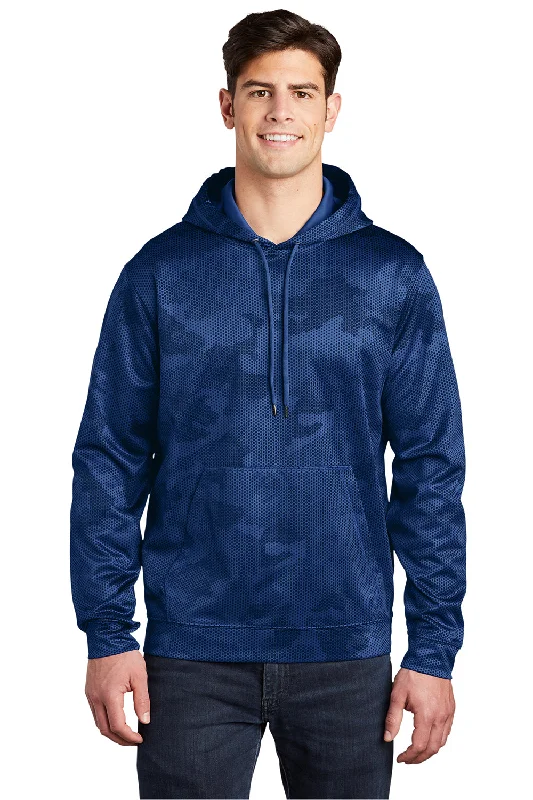 Sport-Tek Mens Sport-Wick CamoHex Moisture Wicking Fleece Hooded Sweatshirt Hoodie w/ Pouch Pocket - True Royal Blue