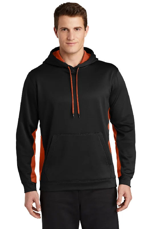 Sport-Tek Mens Sport-Wick Moisture Wicking Fleece Hooded Sweatshirt Hoodie w/ Pouch Pocket - Black/Deep Orange