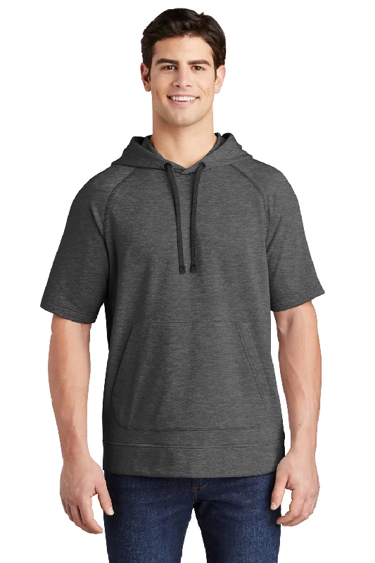 Sport-Tek Mens Moisture Wicking Fleece Short Sleeve Hooded Sweatshirt Hoodie w/ Pouch Pocket - Heather Dark Grey - Closeout