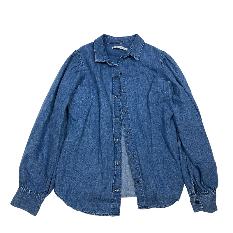 Top Long Sleeve By Zara In Blue Denim, Size: L