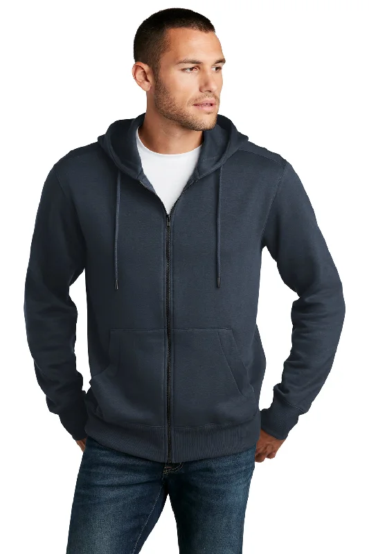 District Mens Perfect Weight Fleece Full Zip Hooded Sweatshirt Hoodie w/ Pockets - New Navy Blue