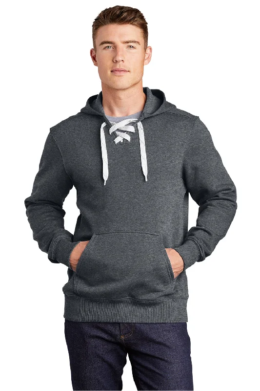 Sport-Tek Mens Lace Up Fleece Hooded Sweatshirt Hoodie w/ Pouch Pocket - Heather Graphite Grey