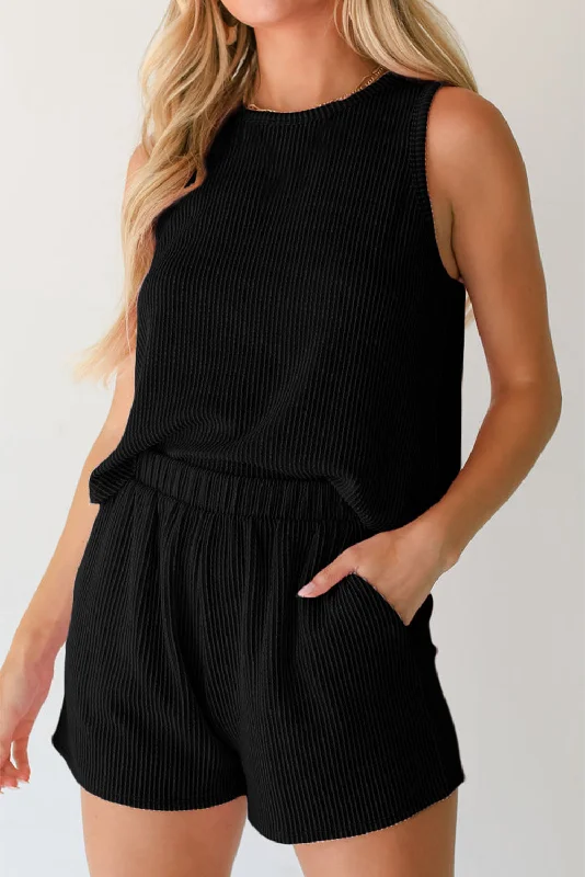 Basic Version Round Neck Sleeveless Top and Shorts Set