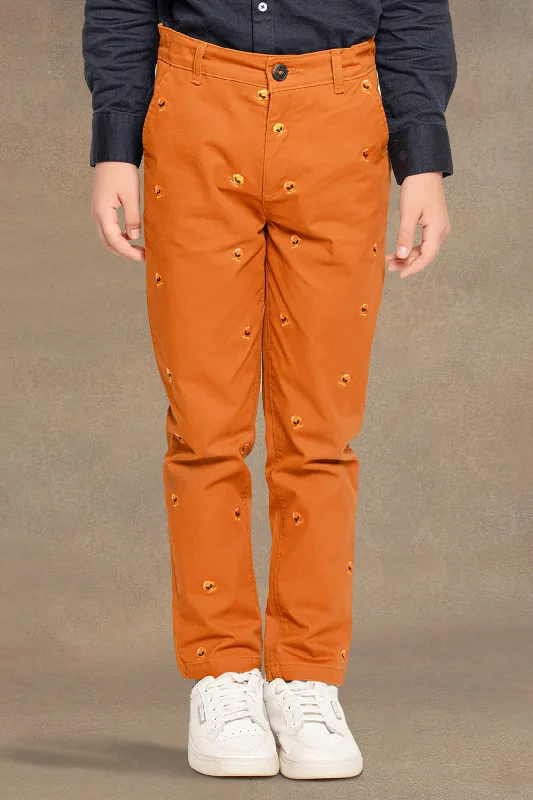 One Friday Kids Boys Rust Alien Embroidered Straight Fit Trouser