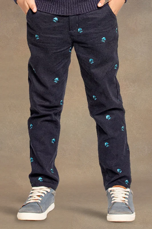 One Friday Kids Boys Navy Blue Alien Embroidered Trouser