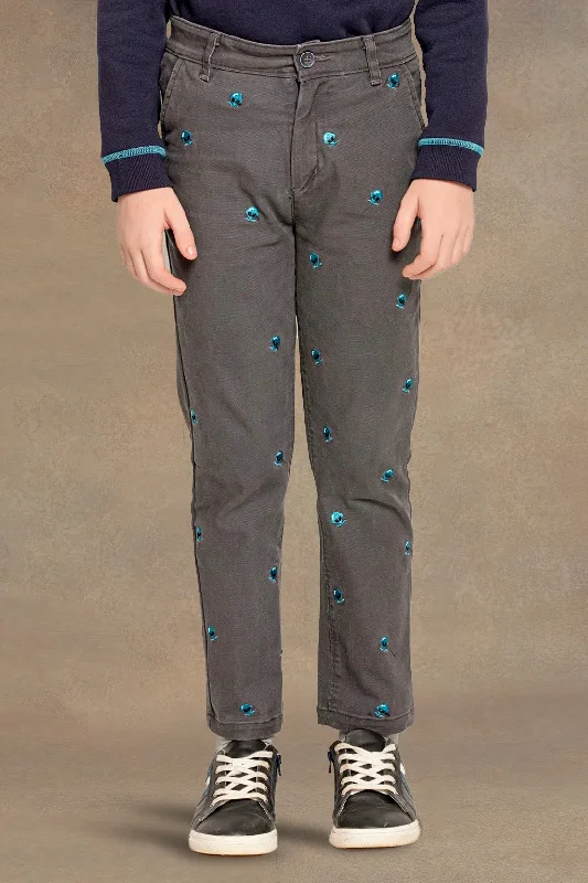 One Friday Kids Boys Grey Alien Embroidered Straight Fit Trouser