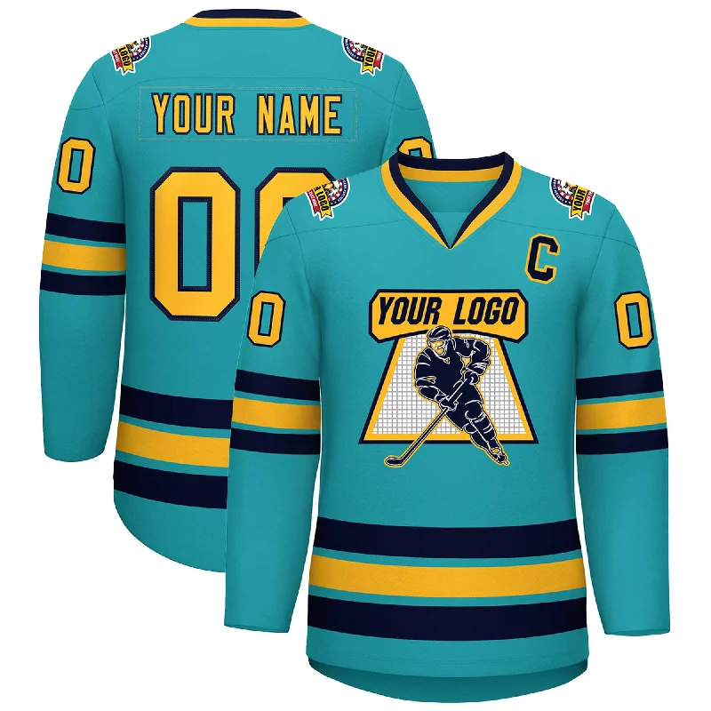 Custom Aqua Gold-Navy Classic Style Hockey Jersey