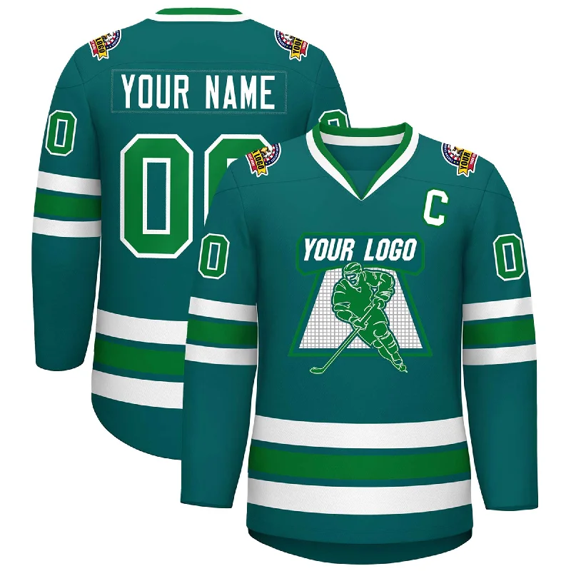 Custom Aqua Kelly Green-White Classic Style Hockey Jersey