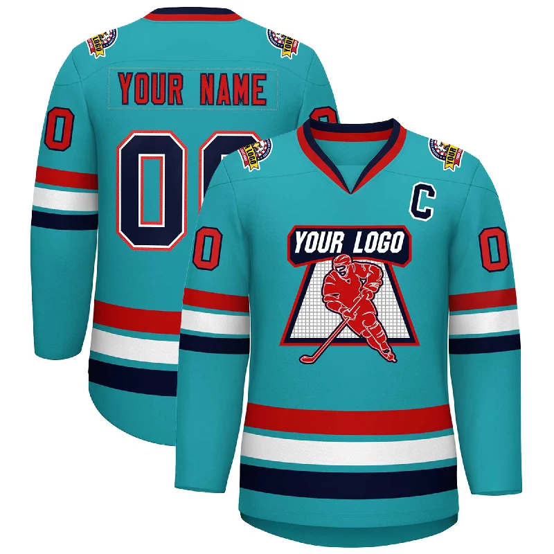 Custom Aqua Navy White-Red Classic Style Hockey Jersey