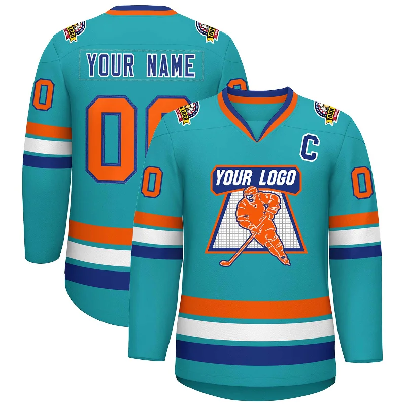 Custom Aqua Orange Royal-White Classic Style Hockey Jersey