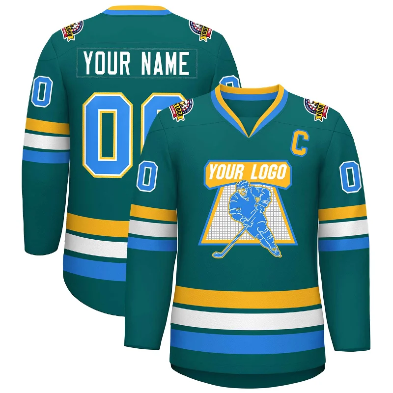 Custom Aqua Powder Blue White-Gold Classic Style Hockey Jersey