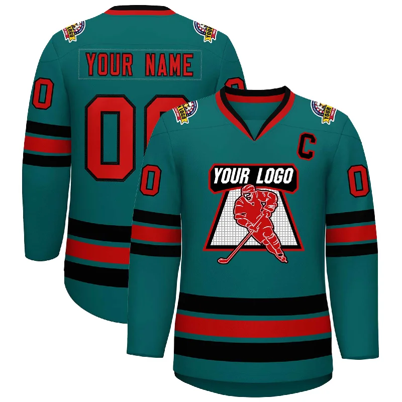 Custom Aqua Red-Black Classic Style Hockey Jersey