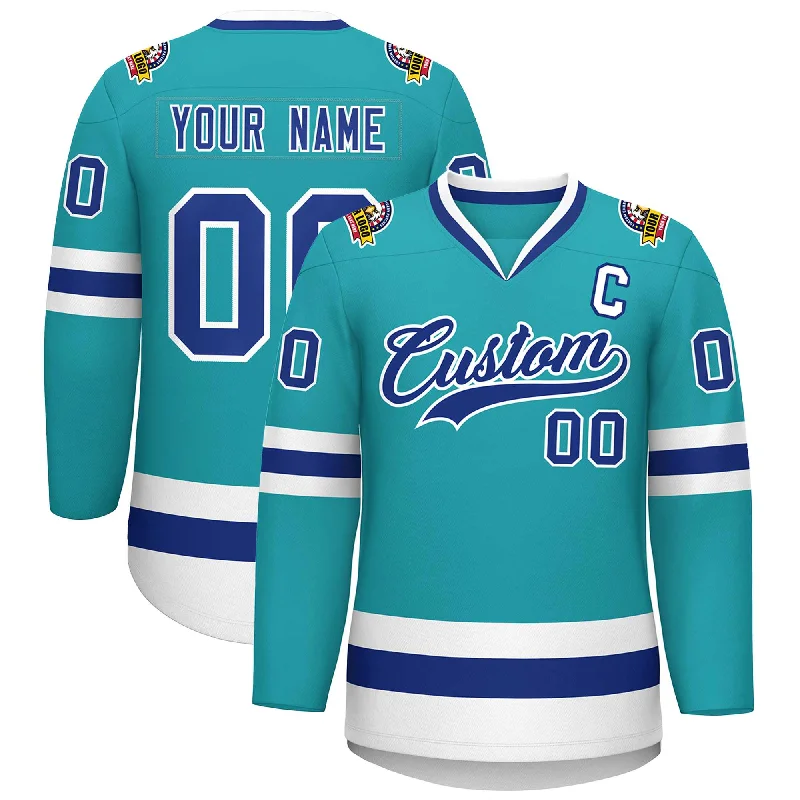 Custom Aqua Royal-White Classic Style Hockey Jersey