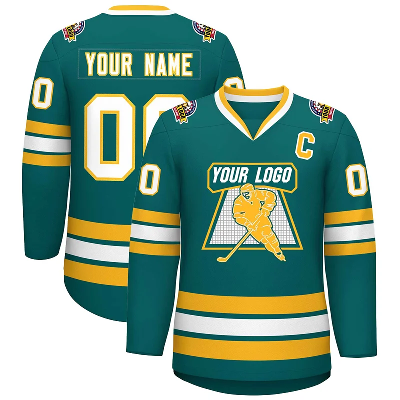 Custom Aqua White-Gold Classic Style Hockey Jersey