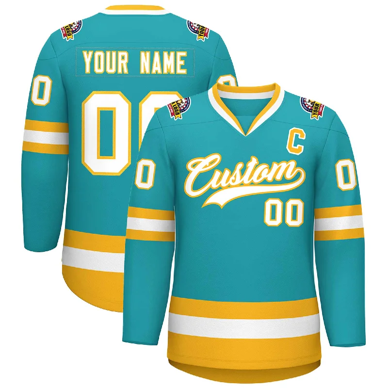 Custom Aqua White-Gold Classic Style Hockey Jersey