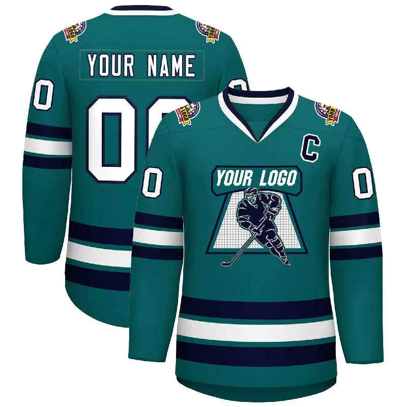 Custom Aqua White-Navy Classic Style Hockey Jersey