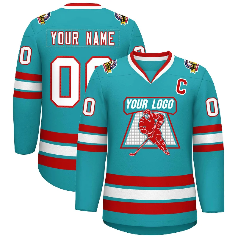 Custom Aqua White-Red Classic Style Hockey Jersey