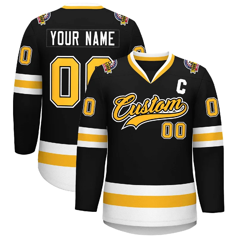 Custom Black Gold Black-White Classic Style Hockey Jersey