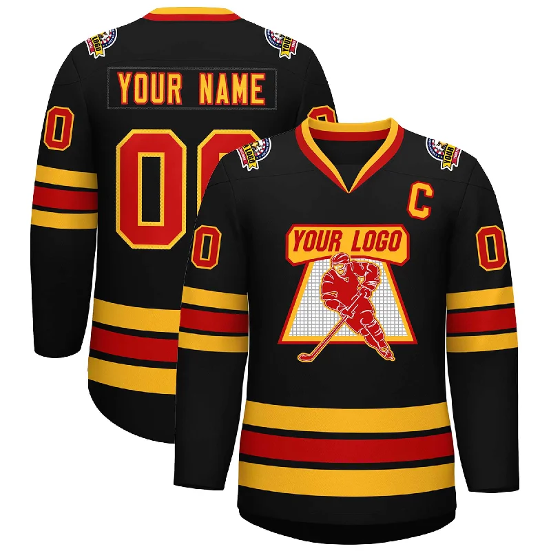 Custom Black Red-Gold Classic Style Hockey Jersey