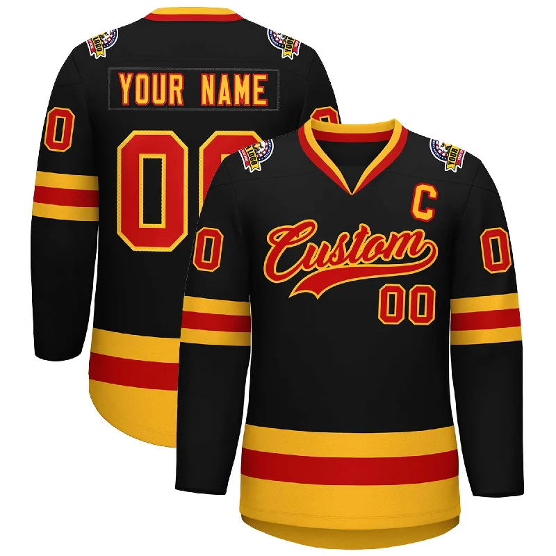 Custom Black Red-Gold Classic Style Hockey Jersey