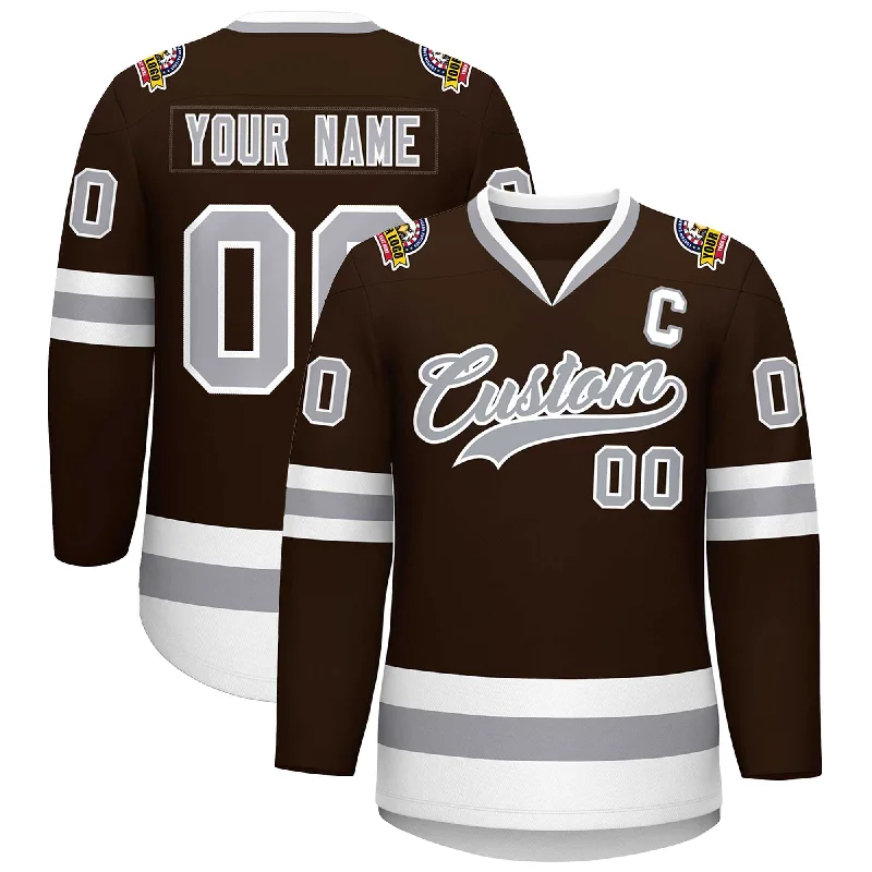 Custom Brown Gray-White Classic Style Hockey Jersey