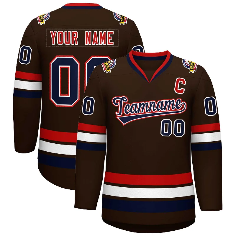 Custom Brown Navy White-Red Classic Style Hockey Jersey