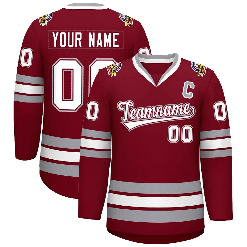 Custom Crimson White Crimson-Gray Classic Style Hockey Jersey