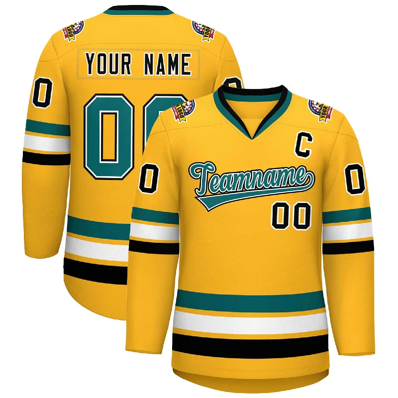 Custom Gold Aqua White-Black Classic Style Hockey Jersey