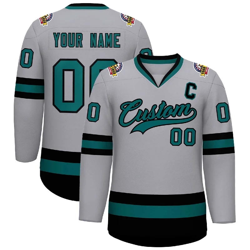 Custom Gray Aqua-Black Classic Style Hockey Jersey