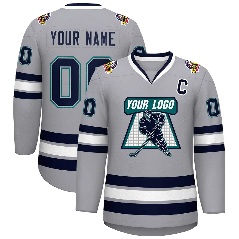 Custom Gray Navy Gray-Aqua Classic Style Hockey Jersey