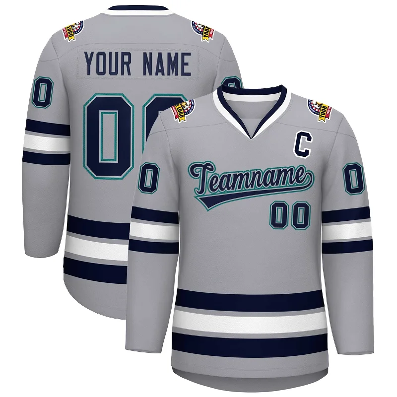 Custom Gray Navy Gray-Aqua Classic Style Hockey Jersey