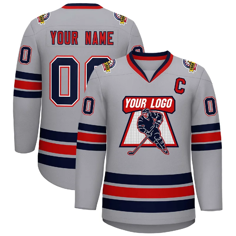 Custom Gray Navy White-Red Classic Style Hockey Jersey