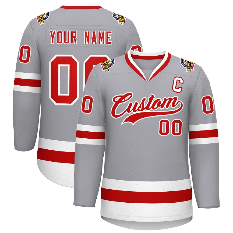 Custom Gray Red-White Classic Style Hockey Jersey