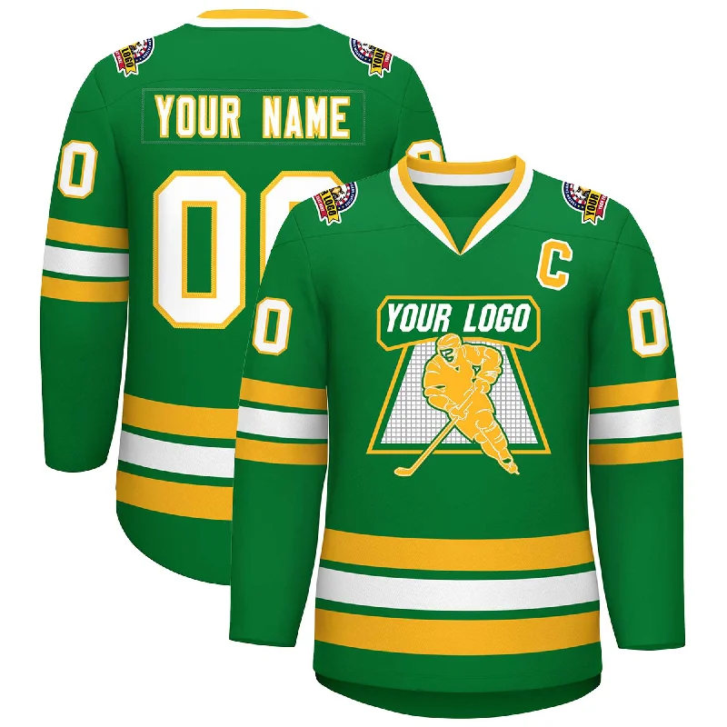 Custom Kelly Green White-Gold Classic Style Hockey Jersey