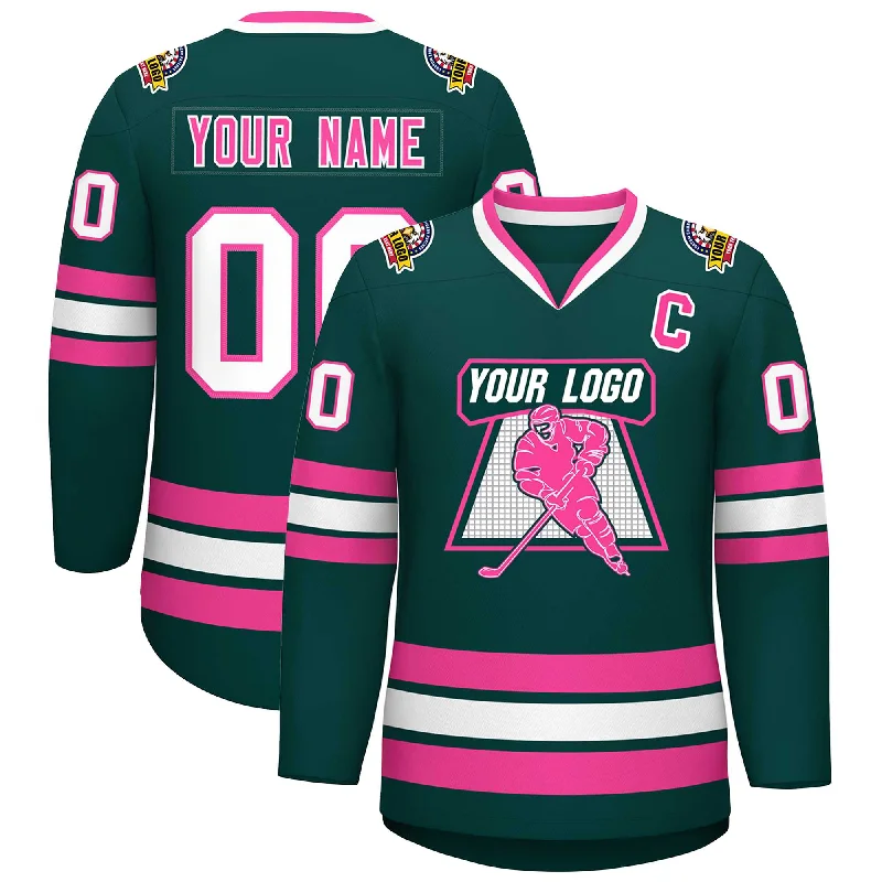 Custom Midnight Green Pink-White Classic Style Hockey Jersey