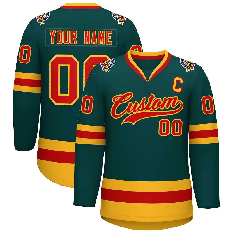 Custom Midnight Green Red-Gold Classic Style Hockey Jersey