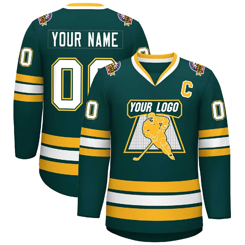 Custom Midnight Green White Olive-Gold Classic Style Hockey Jersey