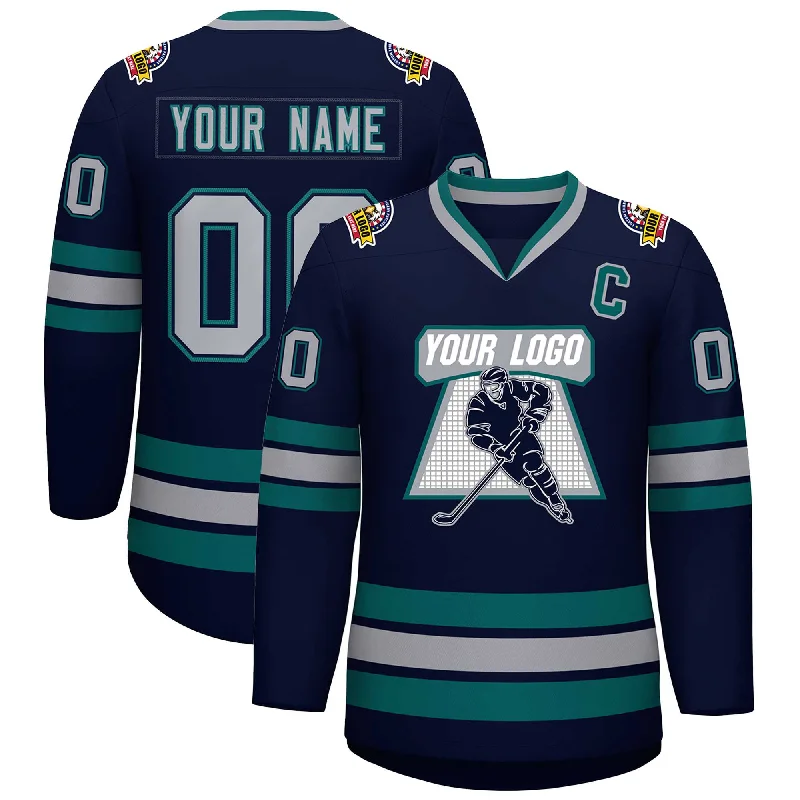 Custom Navy Gray Navy-Aqua Classic Style Hockey Jersey