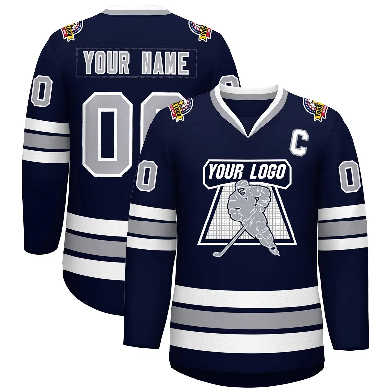 Custom Navy Gray-White Classic Style Hockey Jersey