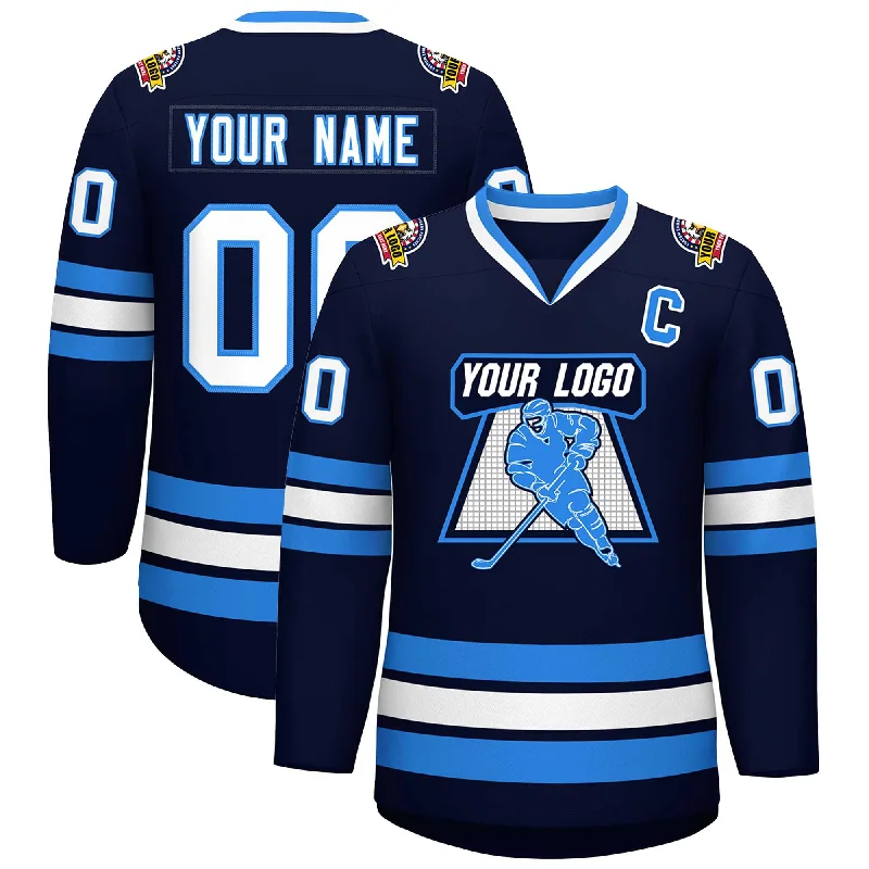 Custom Navy White-Powder Blue Classic Style Hockey Jersey