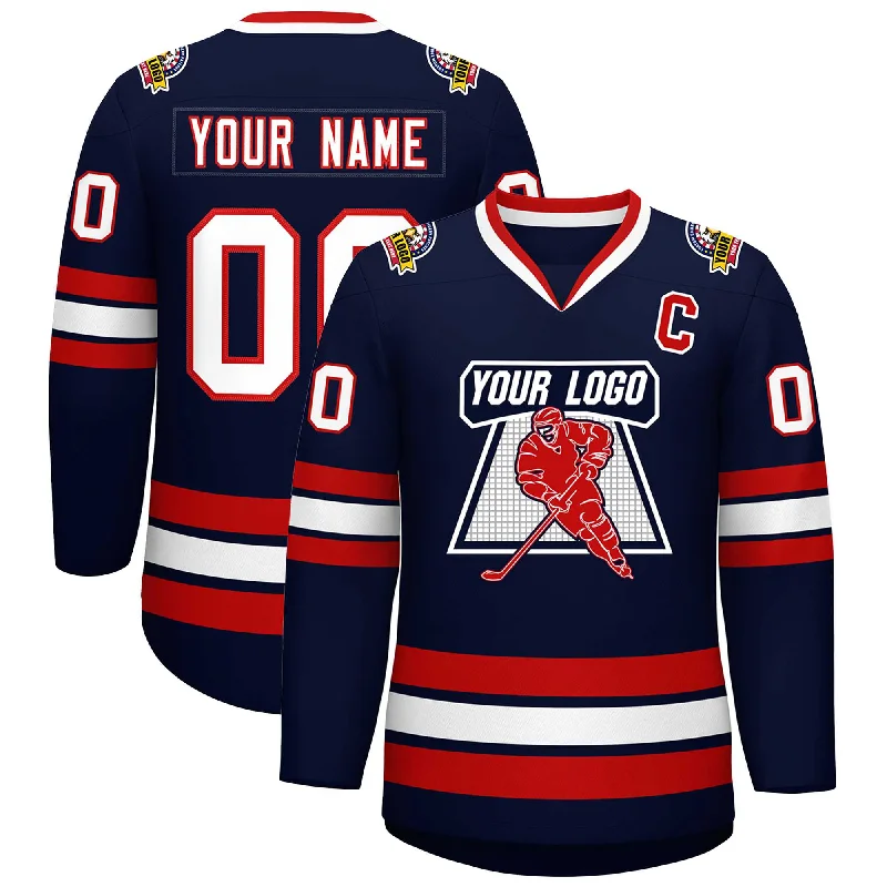 Custom Navy White-Red Classic Style Hockey Jersey