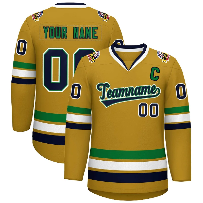 Custom Old Gold Navy Kelly Green-White Classic Style Hockey Jersey