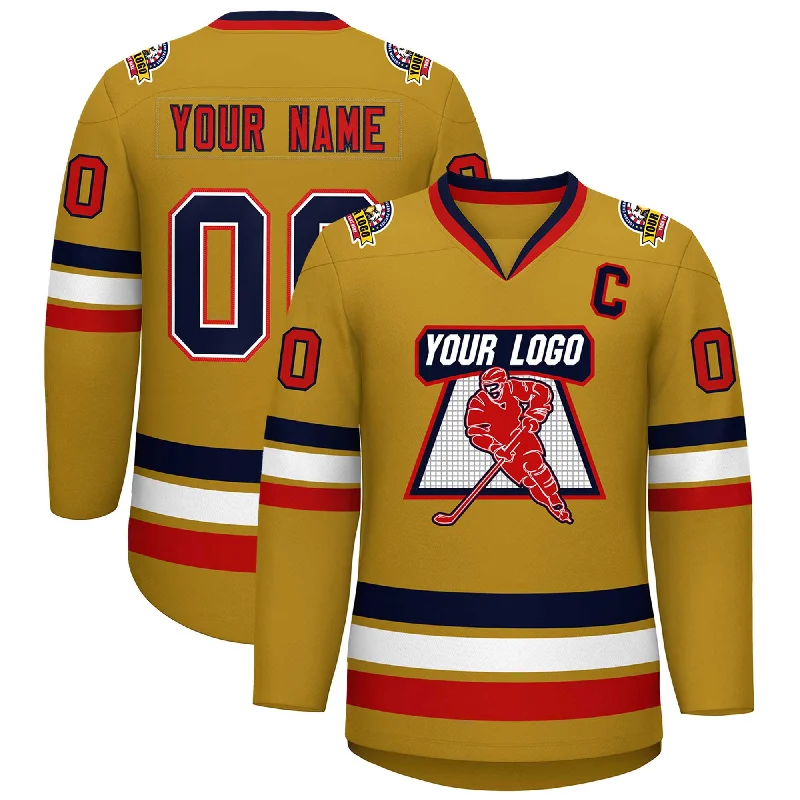 Custom Old Gold Navy White-Red Classic Style Hockey Jersey