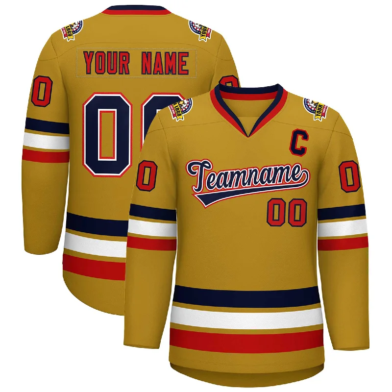 Custom Old Gold Navy White-Red Classic Style Hockey Jersey