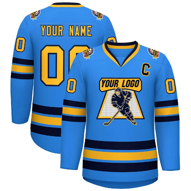 Custom Powder Blue Gold-Navy Classic Style Hockey Jersey